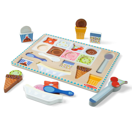Wooden Magnetic Ice Cream Puzzle with pieces sitting on white background.