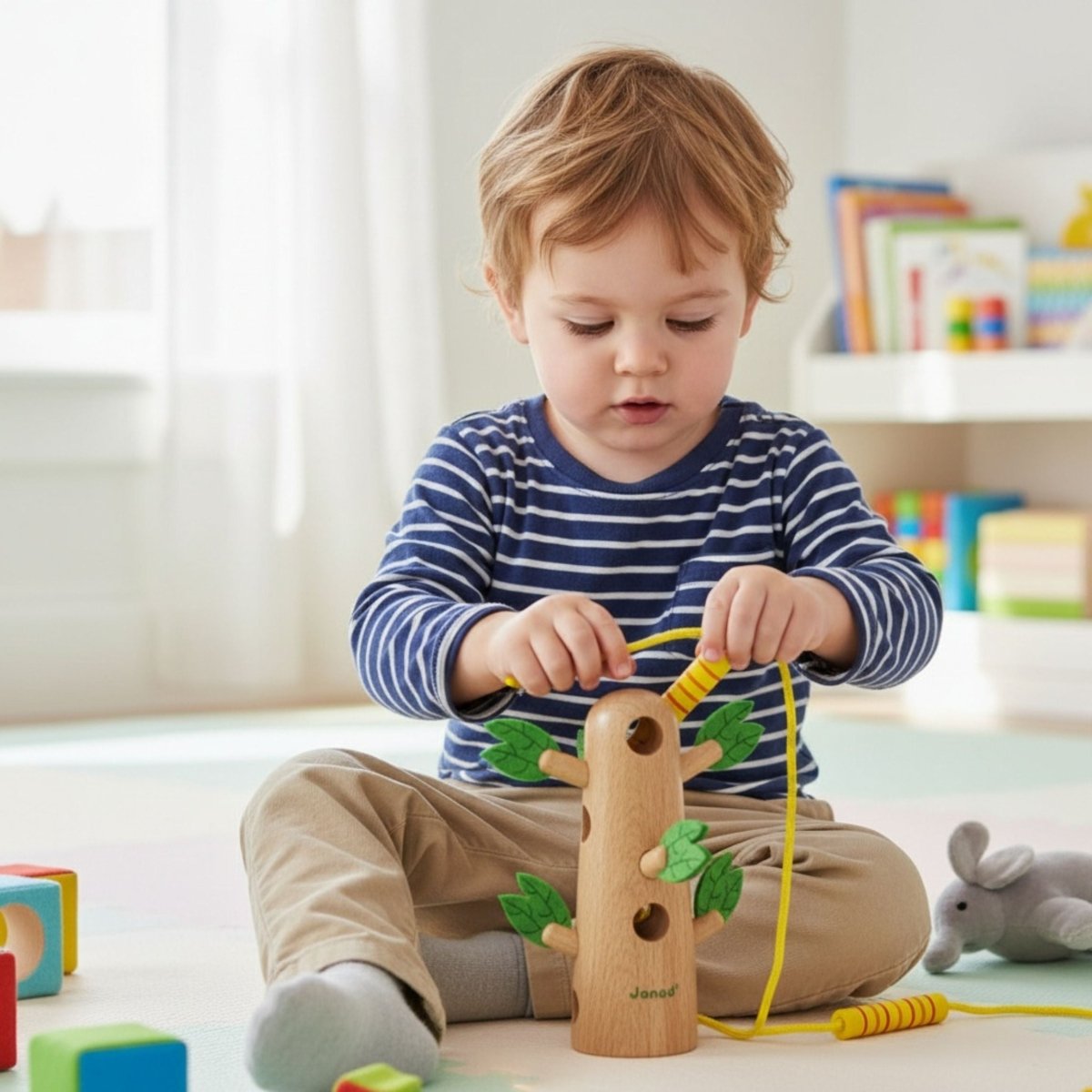 Little boy playing with Janod wooden Tropik Lace-Up Tree Toy on carpet. 