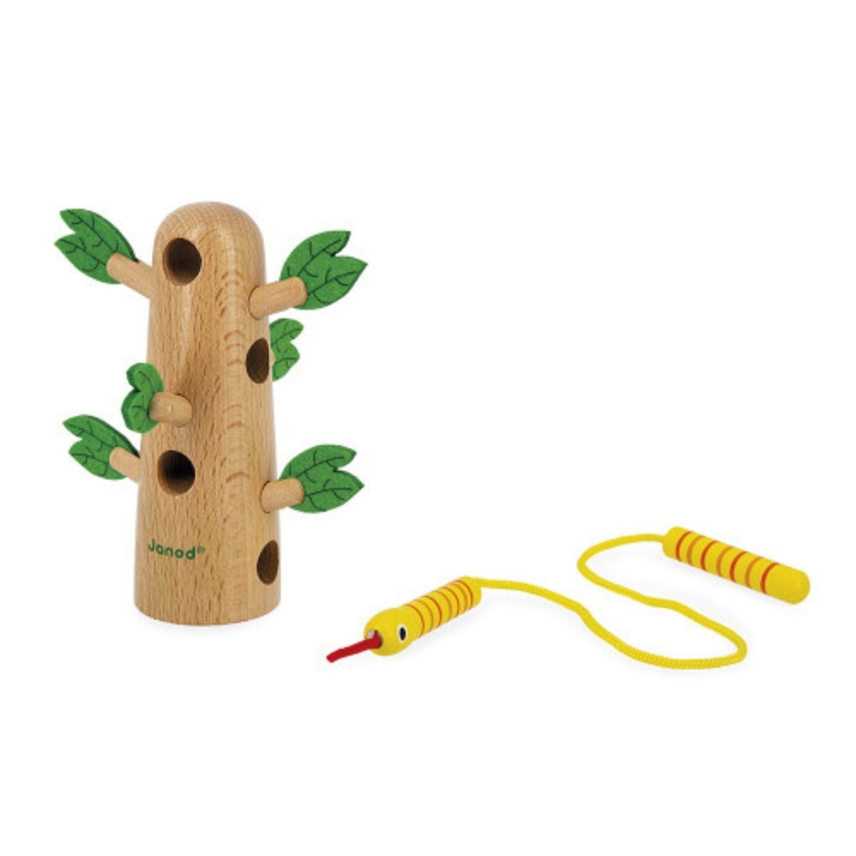 Janod wooden lace up tree with fabric green leaves and yellow wooden rope snake to lace through holes in tree.
