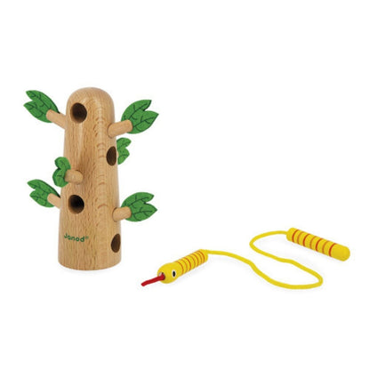 Janod wooden lace up tree with fabric green leaves and yellow wooden rope snake to lace through holes in tree.