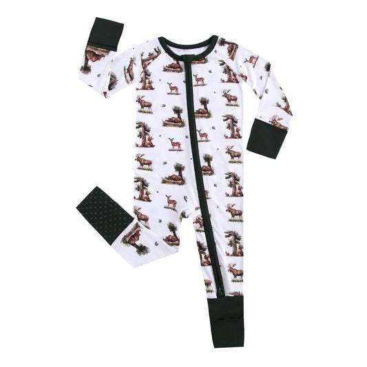 white forest green woodland forest animal print bamboo sleeper with fold over feet and hands on white background. Little Gift Nook