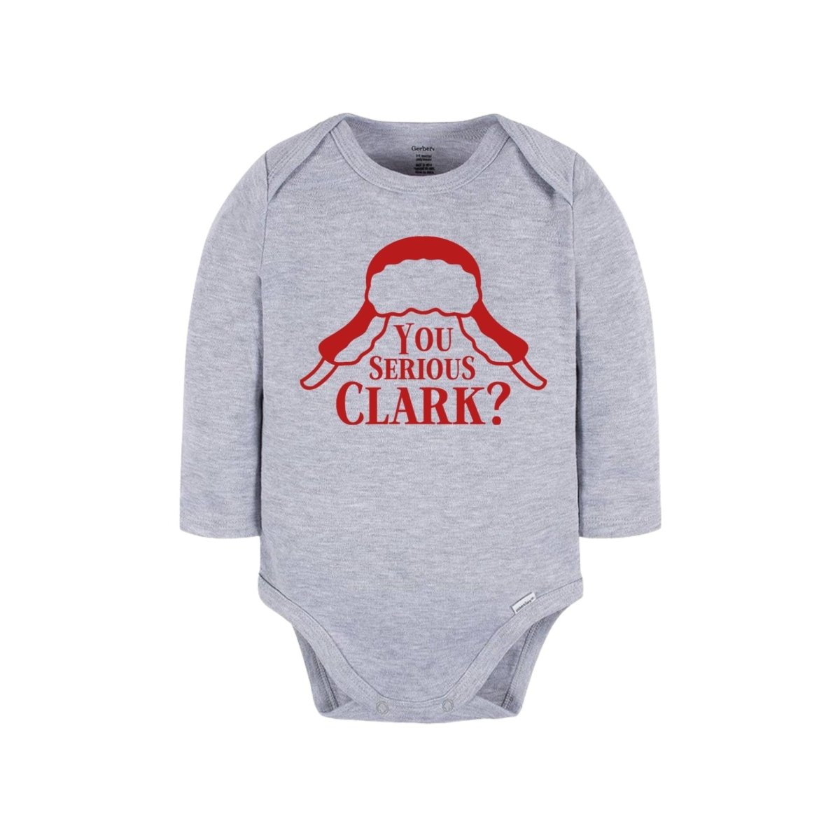 Gray long sleeve are you serious trapper hat Christmas baby onesie sitting on white background. 