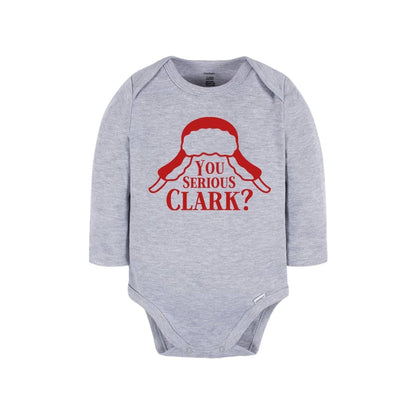 Gray long sleeve are you serious trapper hat Christmas baby onesie sitting on white background. 