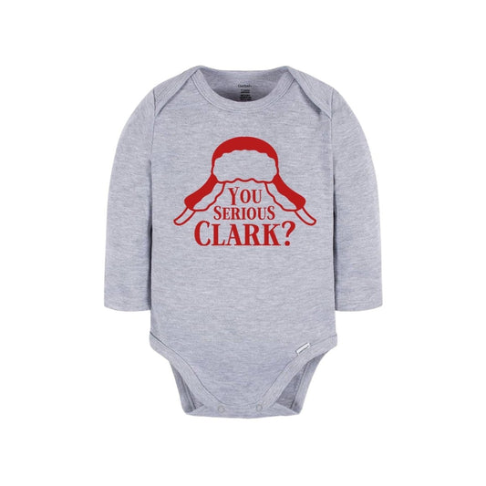 Gray long sleeve are you serious trapper hat Christmas baby onesie sitting on white background. 