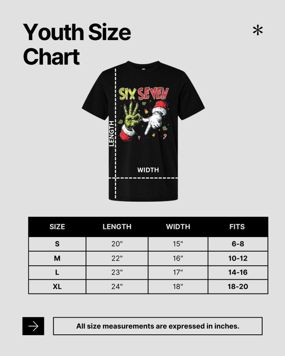 Youth size chart for a black t-shirt with Grinch Holiday 6-7 graphic design sitting on gray background.