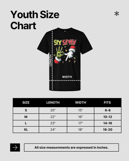 Youth size chart for a black t-shirt with Grinch Holiday 6-7 graphic design sitting on gray background.