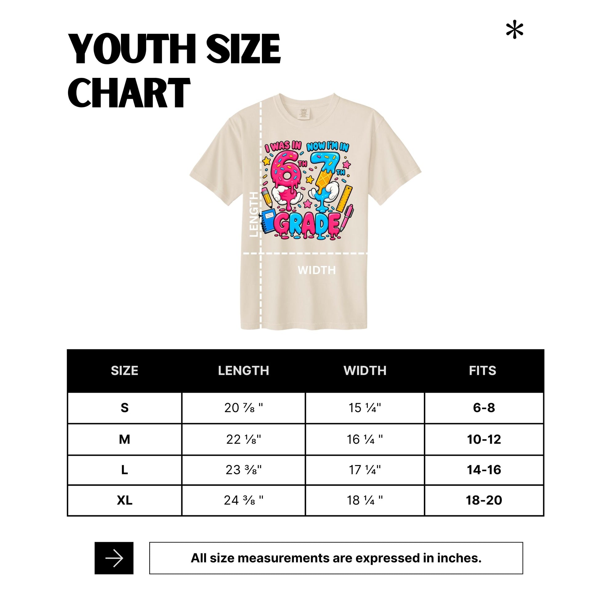 A youth size chart graphic showing a beige graphic T-shirt with measurement annotations above a size table listing S, M, L, and XL lengths, widths, and fits in inches.