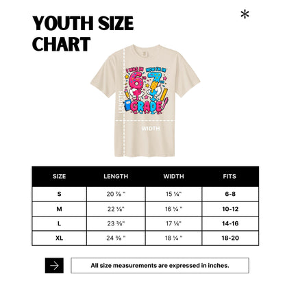 A youth size chart graphic showing a beige graphic T-shirt with measurement annotations above a size table listing S, M, L, and XL lengths, widths, and fits in inches.