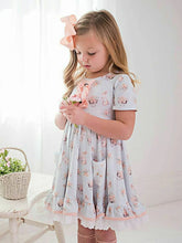 Load image into Gallery viewer, Blue Pink Bunny Eyelet Twirl Dress Easter Girls.