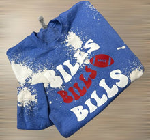 Load image into Gallery viewer, Royal Blue &amp; White Bleached Dyed crewneck sweatshirt with Bills, Bills, Bills on front in white &amp; red lettering. 