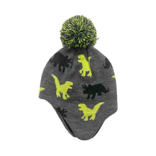 Load image into Gallery viewer, Toddler Boys Knit Dinosaur Pom Pom Winter Hat Gray Yellow