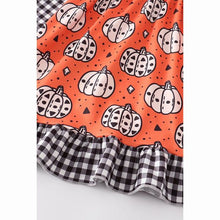 Load image into Gallery viewer, Halloween pumpkin plaid ruffle dress. Super soft &amp; stretchy. orange black &amp; white pumpkin pattern.