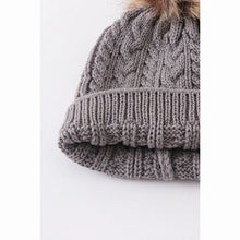 Load image into Gallery viewer, Gray Cable Knit pom pom beanie hat toddler inside hat.