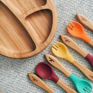 Set of eco-friendly bamboo silicone baby forks. Perfect for baby meal time and learnign to self feed.