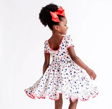 Load image into Gallery viewer, Red white &amp; blue stars gingham trim twirl dress. Back of dress. Perfect patriotic 4th dress! sz 8/10