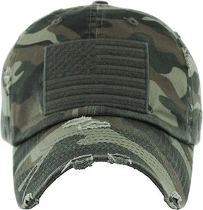 American Flag Adult Green Camo Vintage Distressed Patch Hat