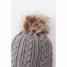 Load image into Gallery viewer, Gray Cable Knit pom pom beanie hat toddler close up.