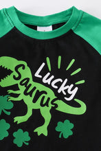Load image into Gallery viewer, Black Green Lucky Saurus Dinosaur St. Patrick&#39;s St. Patty&#39;s Day Tshirt size 2 close up.