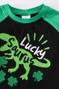 Black Green Lucky Saurus Dinosaur St. Patrick's St. Patty's Day Tshirt size 2 close up.