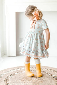 Blue Pink Bunny Eyelet Twirl Dress Easter with ruffles.