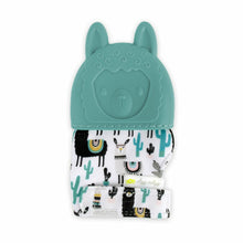 Load image into Gallery viewer, Itzy Ritzy Teething Mitt Teal Llama. Textured crinkles and velcros over hand. Food grade silicone.
