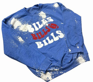 Royal Blue & White Bleached Dyed crewneck sweatshirt with Bills, Bills, Bills on front in white & red lettering.  Layed out in image to view front.