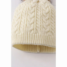 Load image into Gallery viewer, cream cable knit pom pom hat for children close up