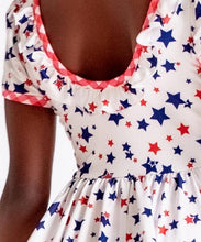 Load image into Gallery viewer, Red white &amp; blue stars gingham trim twirl dress. Perfect patriotic 4th dress! Back close up.  sz 8/10
