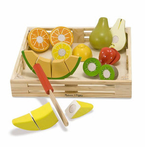 Melissa & Doug wooden pretend play food cutting fruit all pieces in wooden crate.