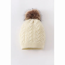 Load image into Gallery viewer, cream cable knit pom pom hat for children ~ cream hat with brown pom pom