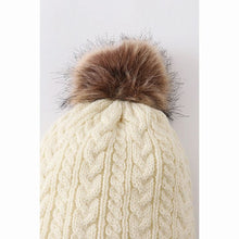 Load image into Gallery viewer, cream cable knit pom pom hat for children brown pom pom close up