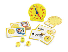 Load image into Gallery viewer, Learning Resources Time Activity Set. Clock, time flash cards, dice, and more.