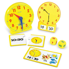 Load image into Gallery viewer, Learning Resources Time Activity Set. Showing 2 clocks and cards and dice.