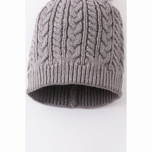 Load image into Gallery viewer, Gray Cable Knit pom pom beanie hat toddler close up of front.