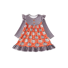 Load image into Gallery viewer, Halloween pumpkin plaid ruffle dress. Super soft &amp; stretchy.