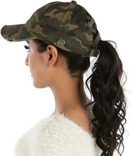 Load image into Gallery viewer, Camo Criss Cross Ponytail hat with sunglass holder buttons
