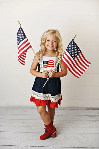 Patriotic Red White Navy Flag Crochet Accented Dresses