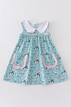 Load image into Gallery viewer, Teal white collar with pink gingham trim farm print dress for kids. Cow Dress.