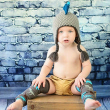 Load image into Gallery viewer, Dinosaur hand knit baby beanie hat 6-12 months front view on model