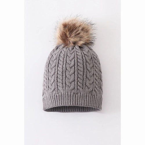 Gray Cable Knit pom pom beanie hat toddler.