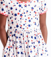 Load image into Gallery viewer, Red white &amp; blue stars gingham trim twirl dress. Perfect patriotic 4th dress! Pattern close up. sz 8/10