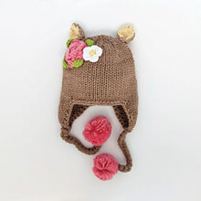Load image into Gallery viewer, hand knit baby doe deer hat with pink flower &amp; braided tassels