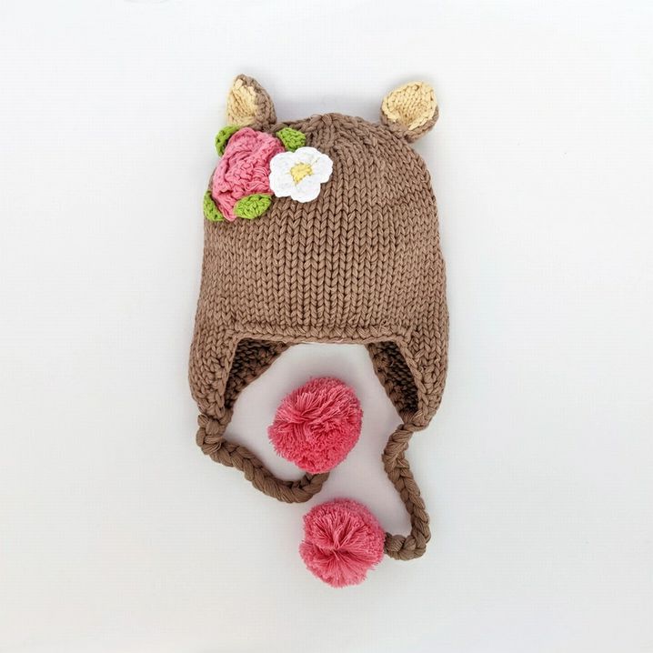 hand knit baby doe deer hat with pink flower & braided tassels