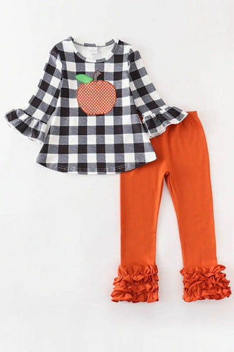Children’s fall plaid pumpkin top & triple ruffle leggings set as 2 toddler 