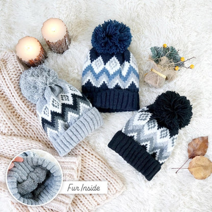 Aztec knit lined cozy Adult beanie Pom Pom Winter Hat - Little Gift Nook