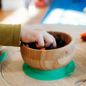 Bamboo suction baby bowl dish with silicone spoon in green