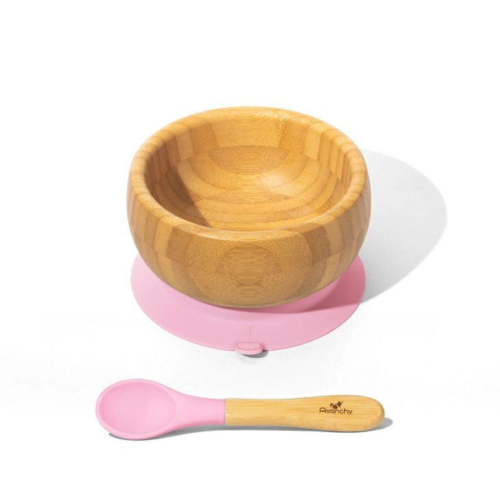 Avanchy Bamboo Suction Bowl + Spoon Set Pink - Little Gift Nook