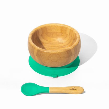 Avanchy Bamboo Suction Bowl + Spoon Set Green - Little Gift Nook