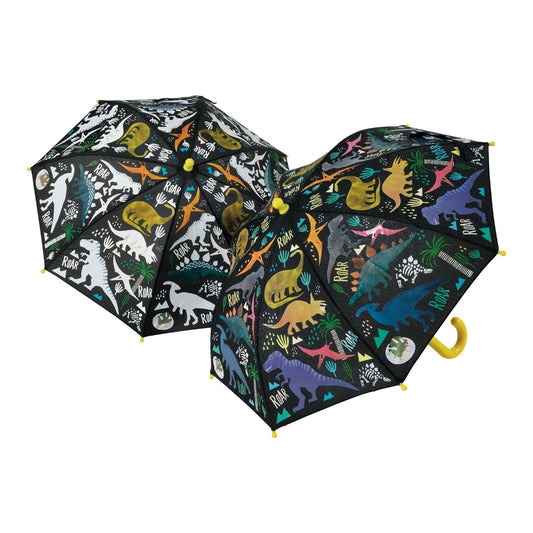 Color Changing Dinosaur Umbrella. Black with dinosaurs in white. Watch colors come to life when it gets wet. Resets when dry. - Little Gift Nook
