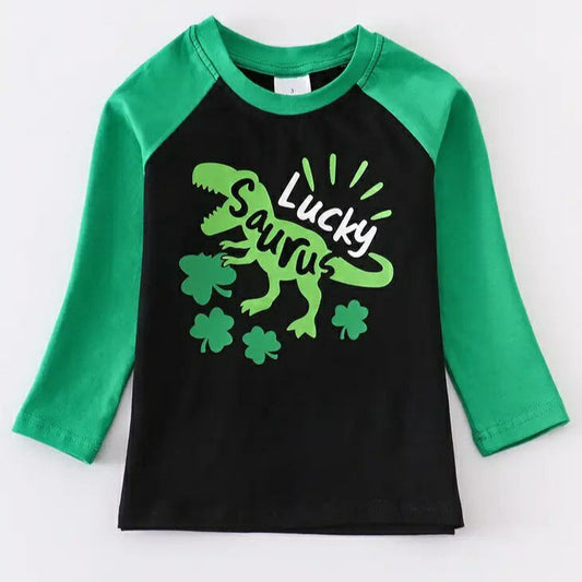 Green colorblock Lucky Saurus Dino Clover tshirt. Green sleeves with black front. Trex and shamrocks on front. - Little Gift Nook